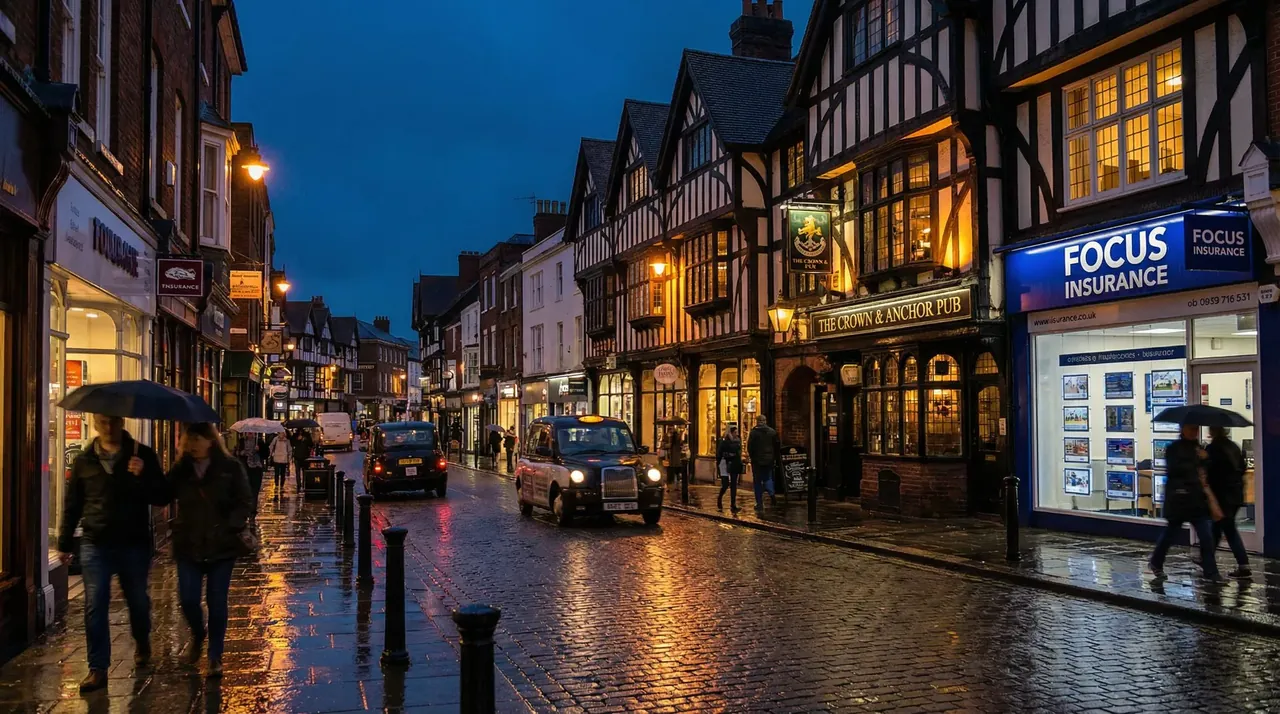 British high street at dusk