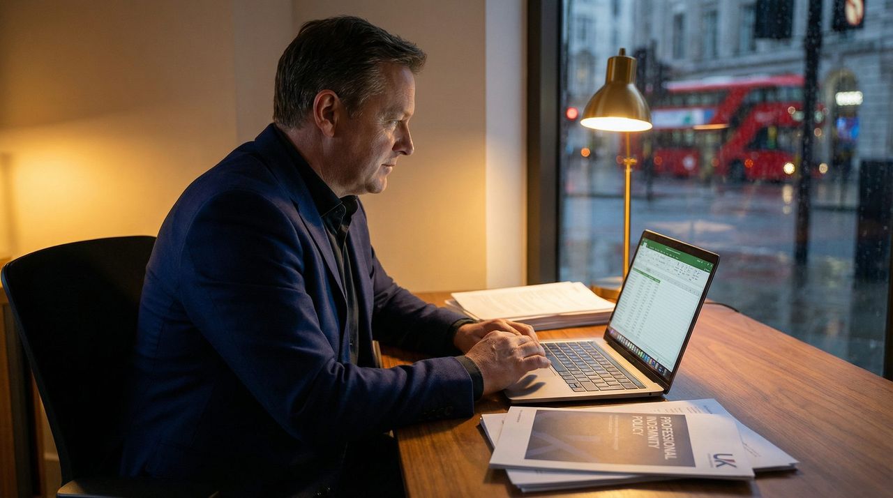 Professional consultant working at desk with laptop